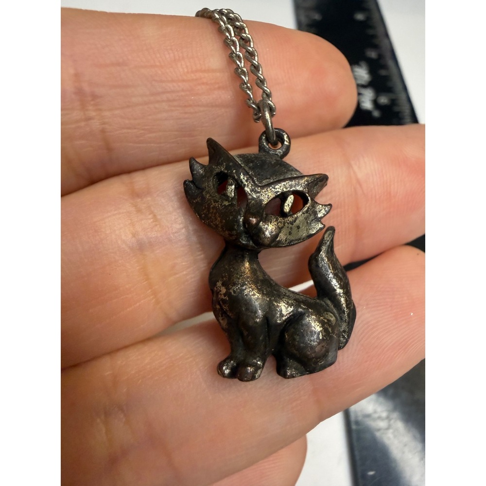 Vintage Mid Century Modern Stylized Cat Pendant Necklace Silver Tone Patina